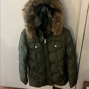 Green Puffer Jacket with Faux Fur Hood